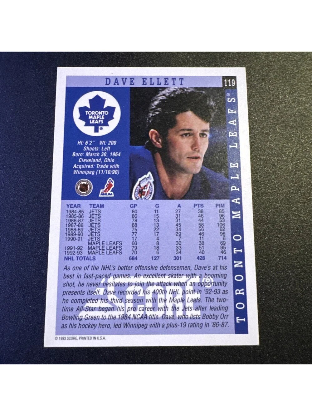 1993 Score Hockey #119 Dave Ellett Signed Autograph (no COA) TTM